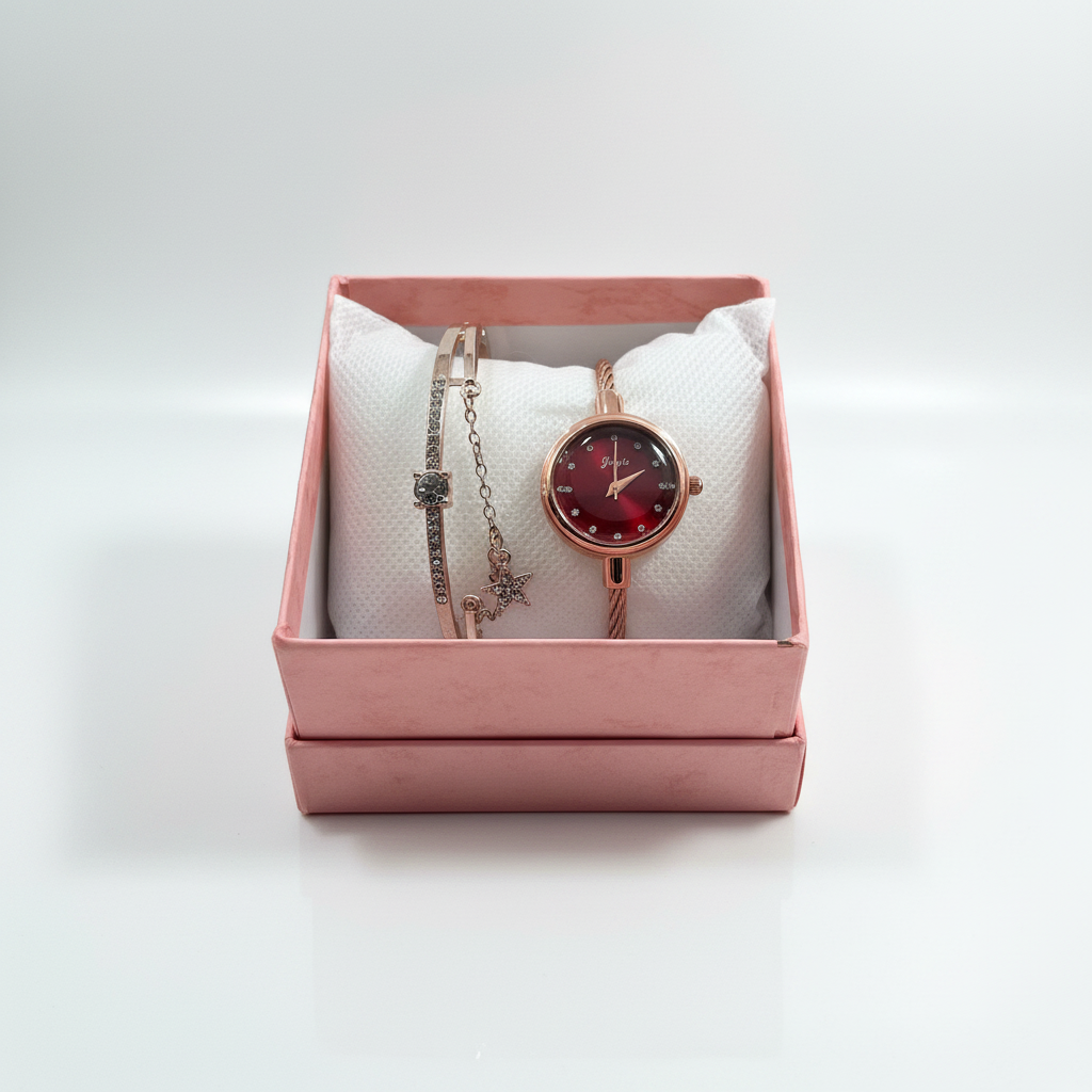 ROSE GOLD & RED WATCH & BRACELET SET