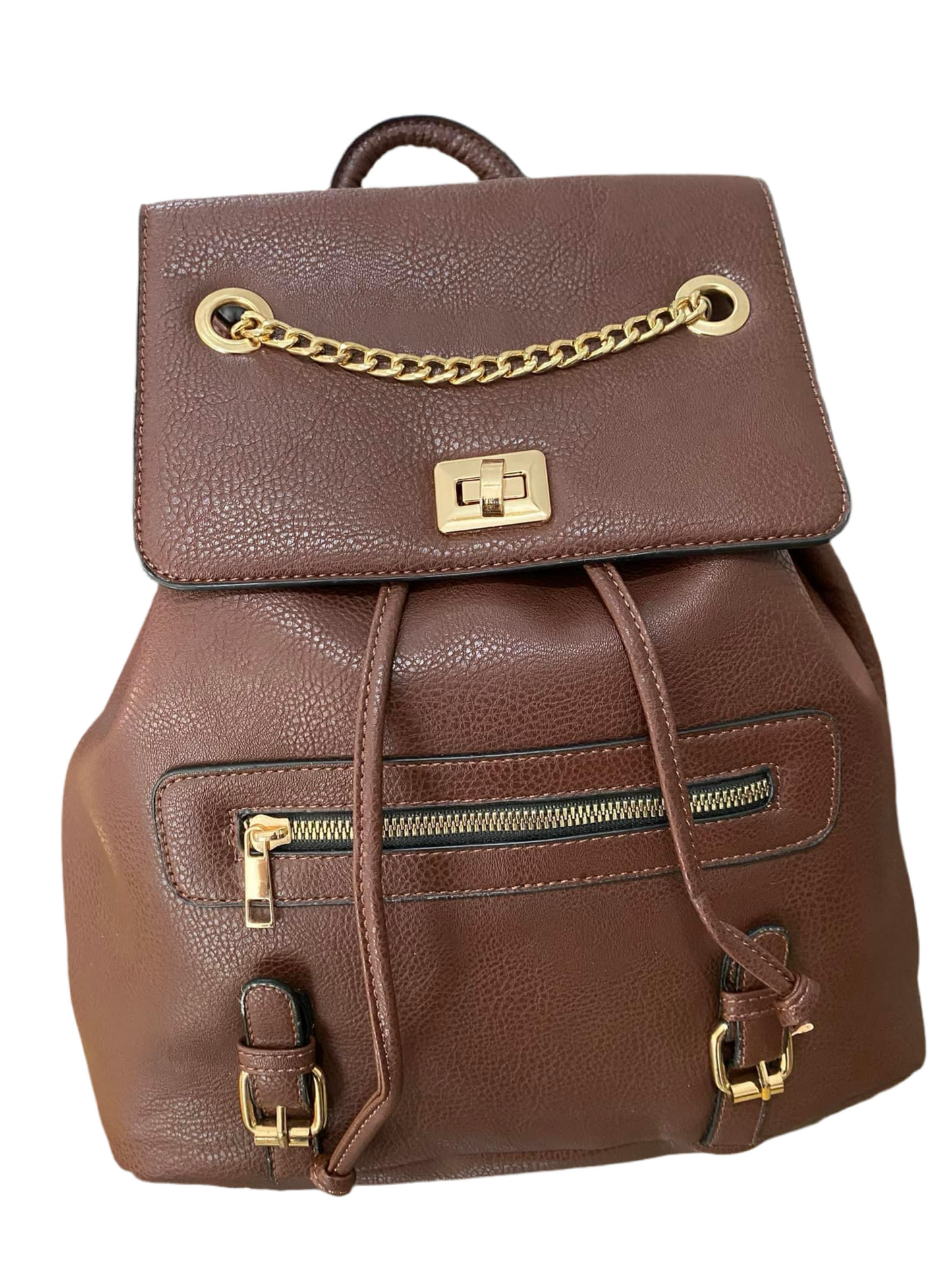 BIG FAUX LEATHER BACKPACK-BROWN