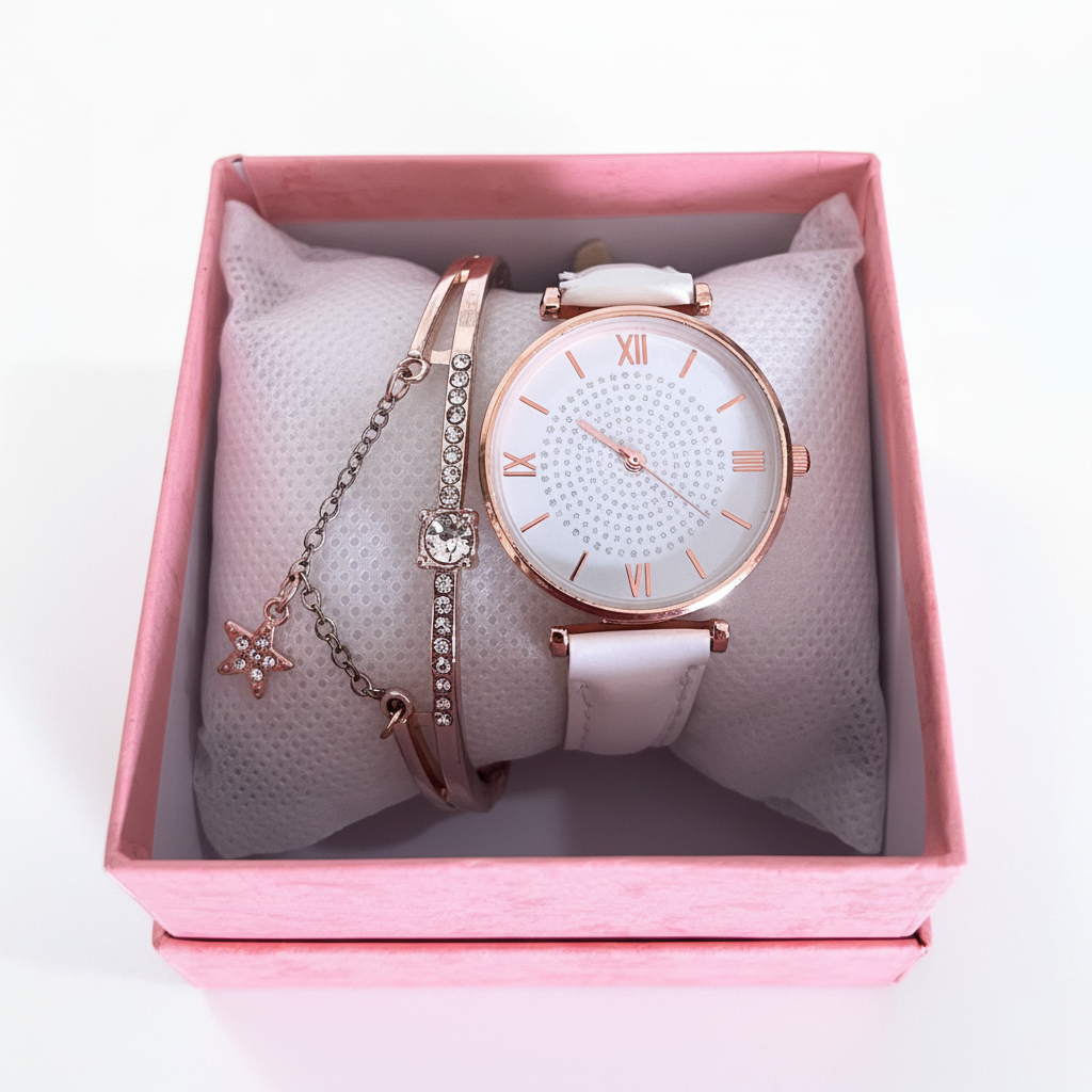 ROSE GOLD & WHITE WATCH AND BRACELET SET