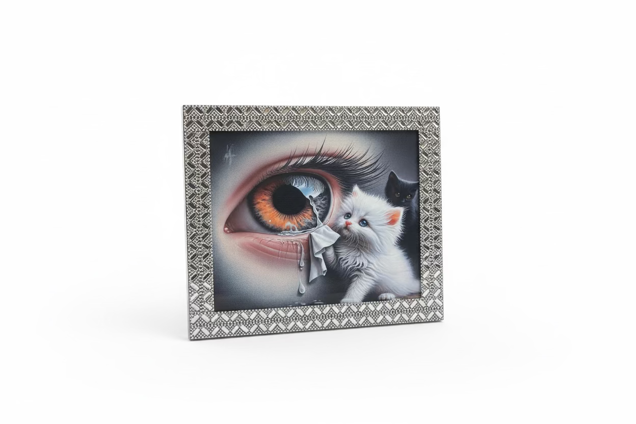 CRYING EYE & KITTEN CRYSTALS FRAMED 8X10” ART POSTER