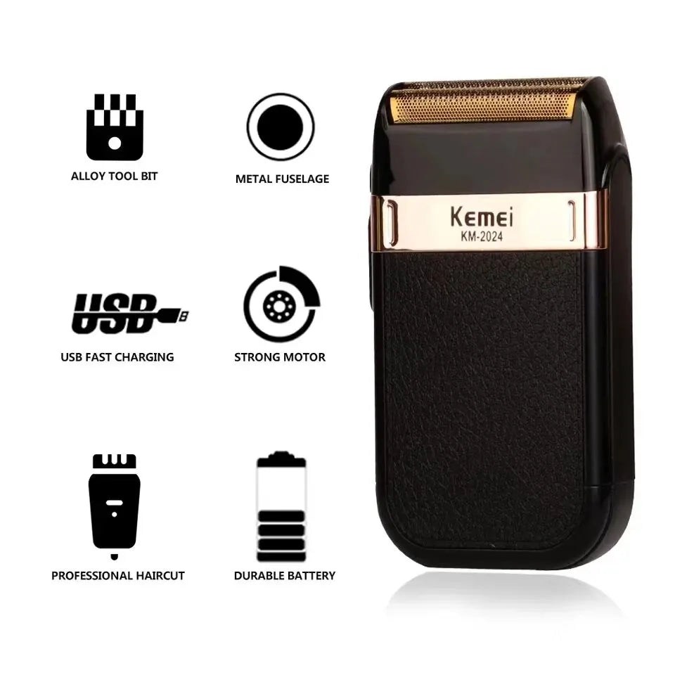 Kemei KM-2024 Electric Shaver Professional USB Rechargeable Men's Electric Shaver Leather Shell Waterproof Beard Trimmer