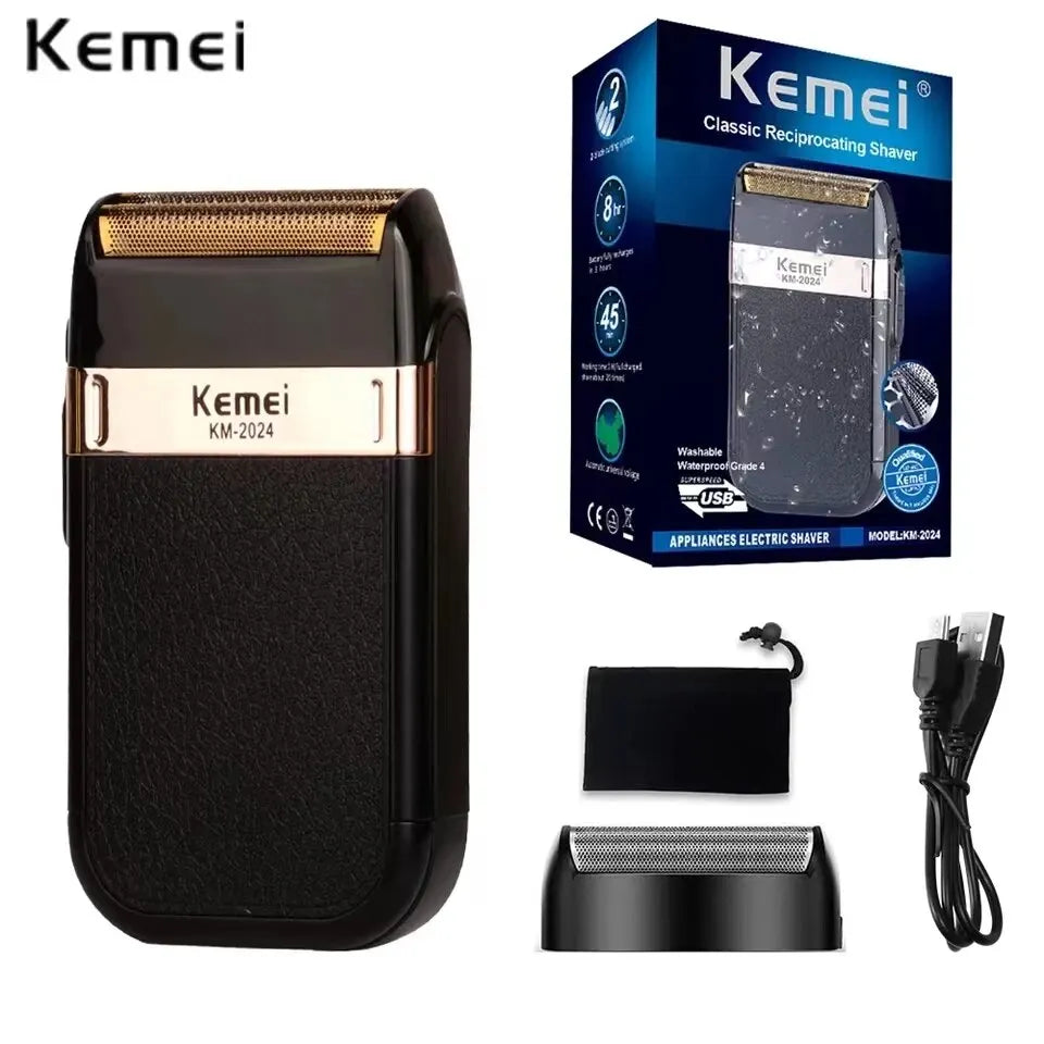 Kemei KM-2024 Electric Shaver Professional USB Rechargeable Men's Electric Shaver Leather Shell Waterproof Beard Trimmer