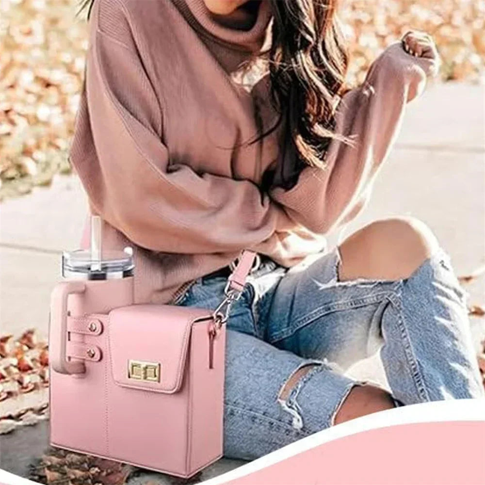 Outdoor Portable Crossbody Water Cup Storage Bag Water Bottle Carrier with Adjustable Strap Leather Carrier Bag Storage Pocket