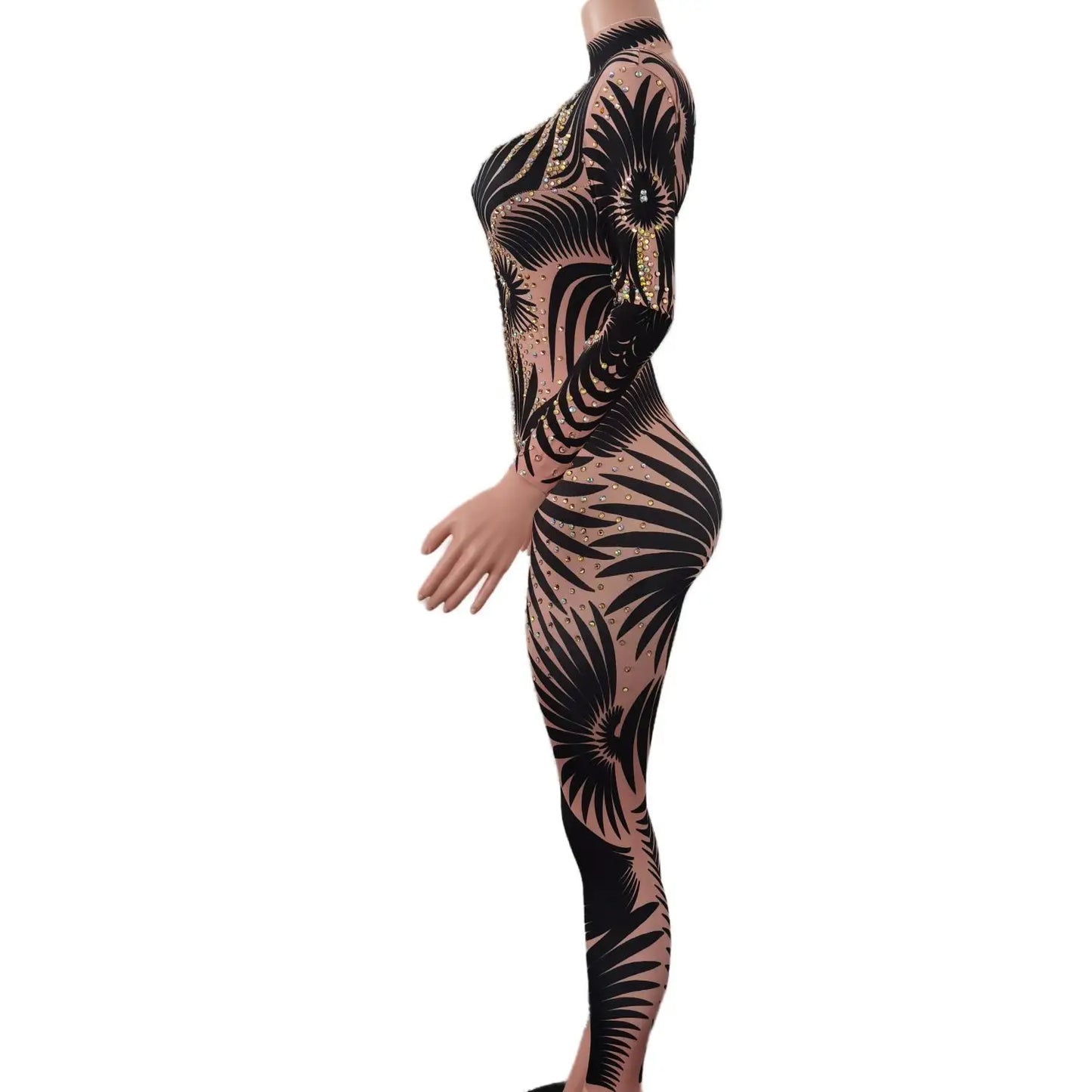 Sparkly Stone Feather Print Jumpsuit Women Sexy Party Bodysuit Pole Dancer Performance Costume