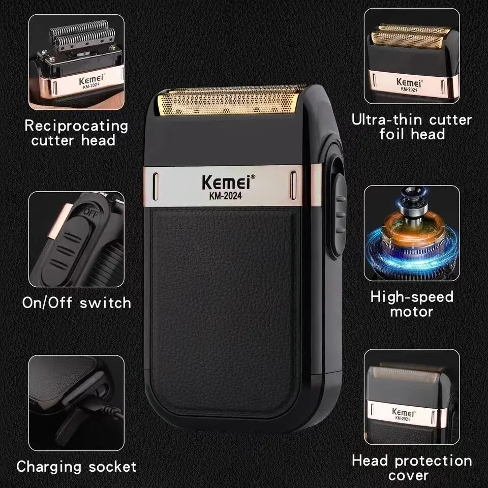 Kemei KM-2024 Electric Shaver Professional USB Rechargeable Men's Electric Shaver Leather Shell Waterproof Beard Trimmer