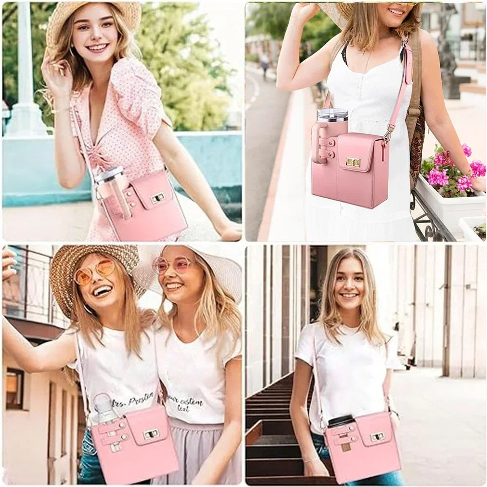 Outdoor Portable Crossbody Water Cup Storage Bag Water Bottle Carrier with Adjustable Strap Leather Carrier Bag Storage Pocket