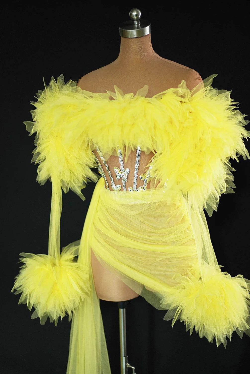 Sheer Sequins 2-Pieces Short Dress Gloves Long Tail Evening Celebrate