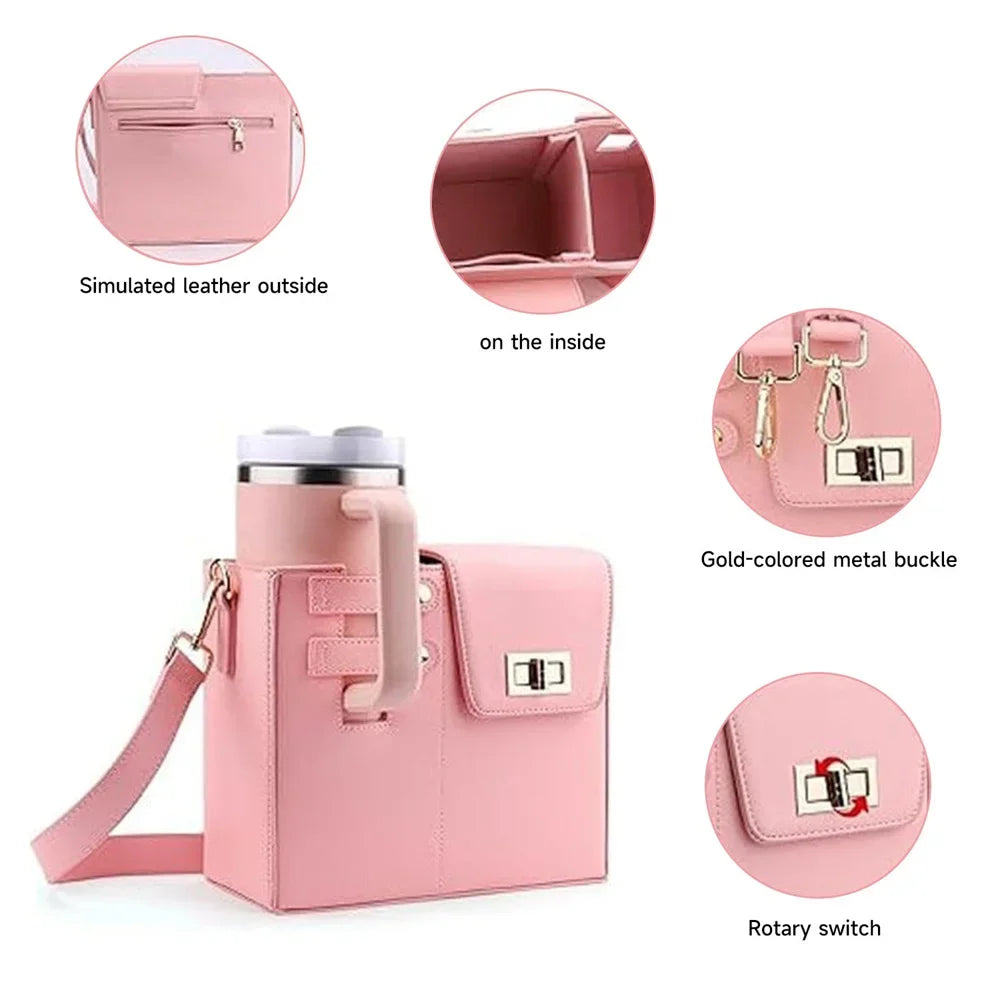 Outdoor Portable Crossbody Water Cup Storage Bag Water Bottle Carrier with Adjustable Strap Leather Carrier Bag Storage Pocket
