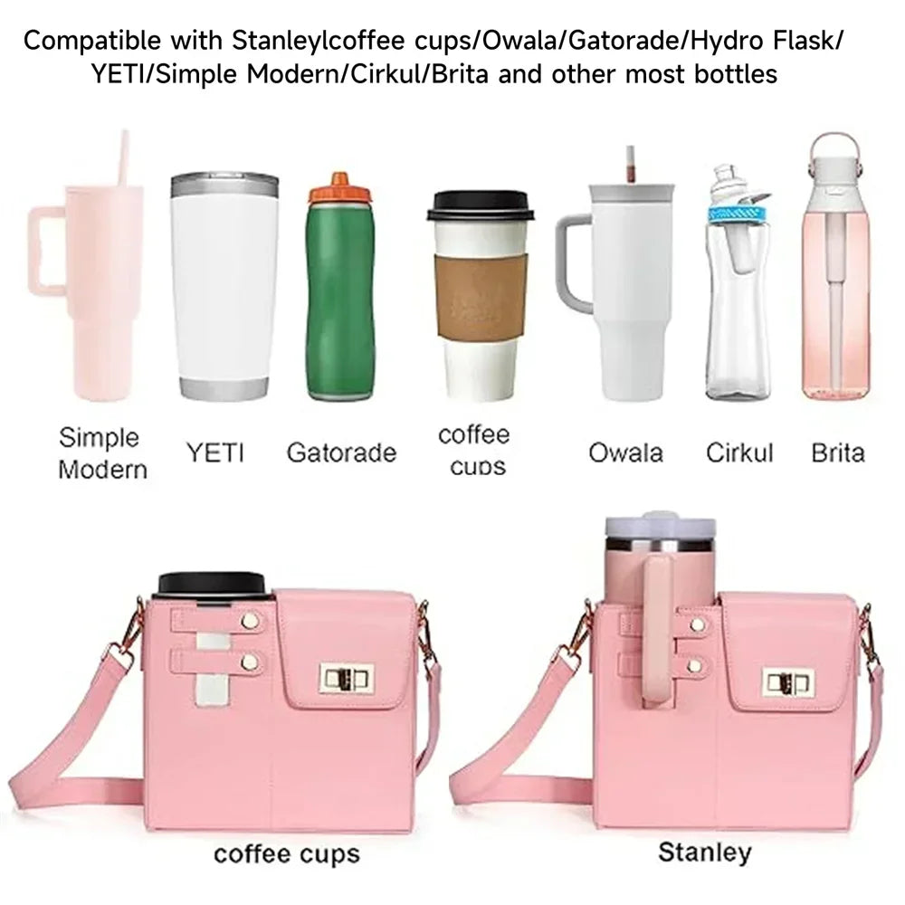 Outdoor Portable Crossbody Water Cup Storage Bag Water Bottle Carrier with Adjustable Strap Leather Carrier Bag Storage Pocket