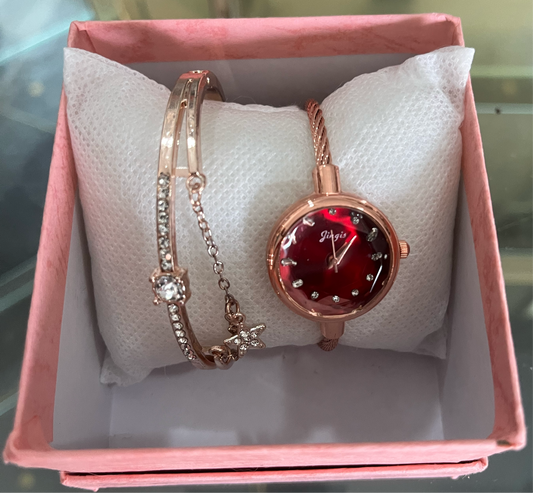 ROSE GOLD & RED WATCH & BRACELET SET