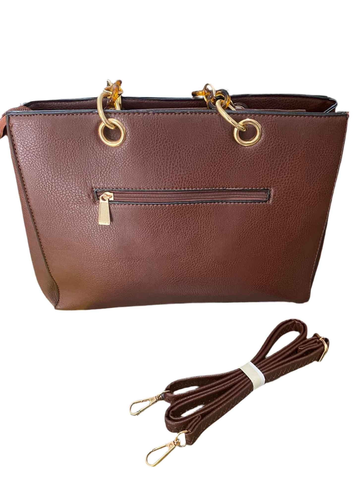 BIG FAUX LEATHER HANDBAG-BROWN