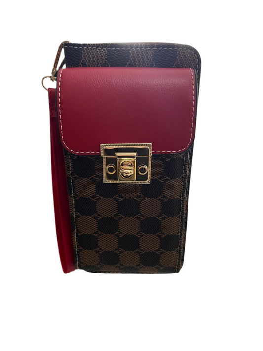 FAUX LEATHER CELLPHONE POCKET WALLET-BROWN/RED