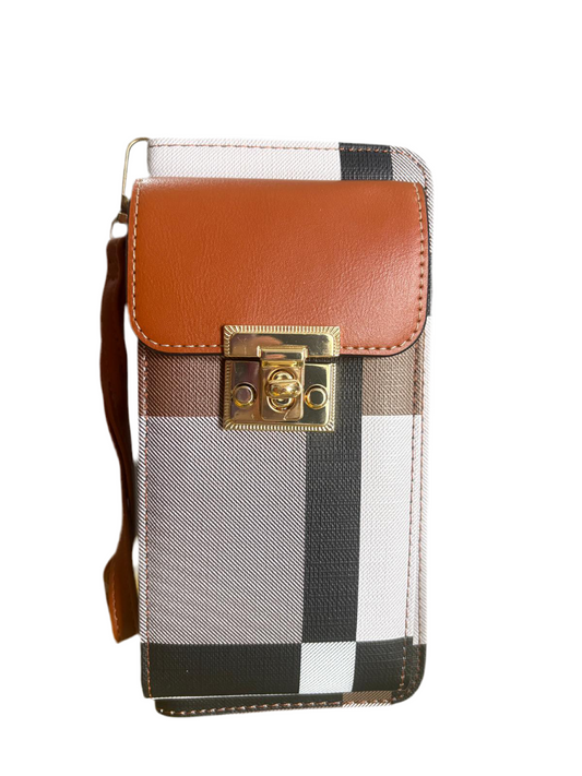 BRICK BROWN PLAID CELLPHONE POCKET CROSSBODY WALLET