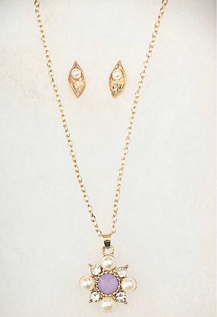 PURPLE PEARL NECKLACE & EARRINGS SET GOLD