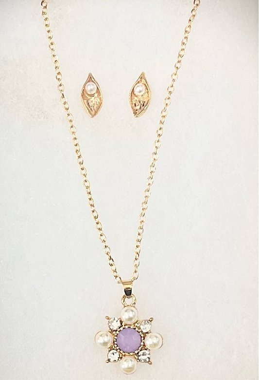 PURPLE PEARL NECKLACE & EARRINGS SET GOLD