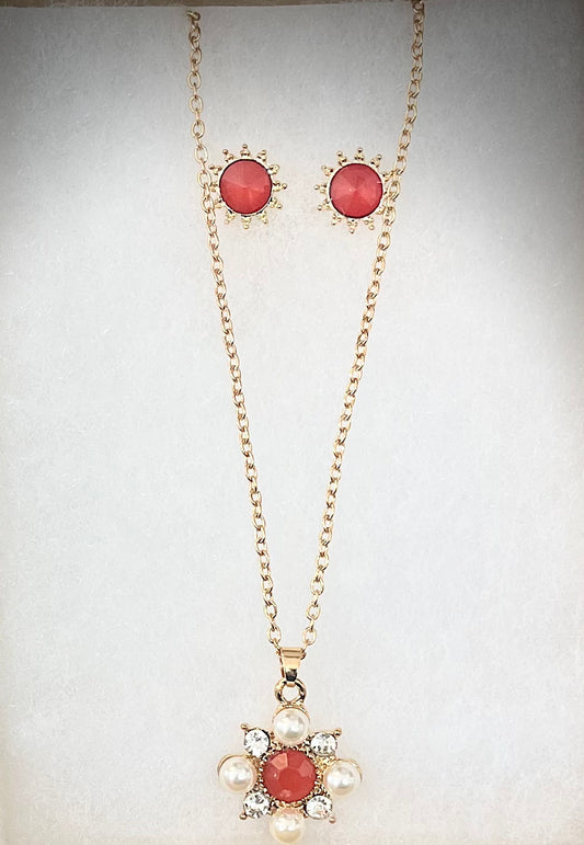 RED RHINESTONE NECKLACE & EARRINGS SET GOLD