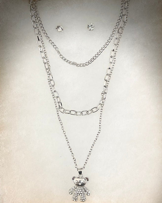 TEDDY BEAR NECKLACE & EARRINGS SET SILVER