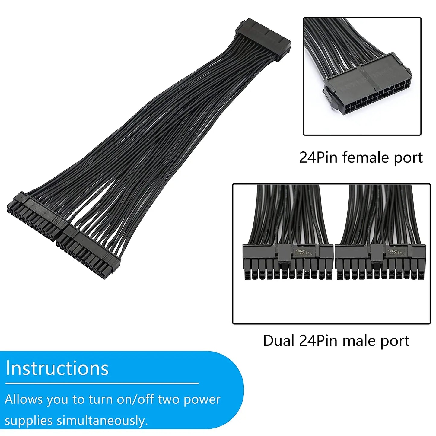 Dual PSU Power Supply 24 pin ATX Motherboard Splitter Cable ATX Motherboard Extension Cable PSU Female to Male Y Adapter Cable