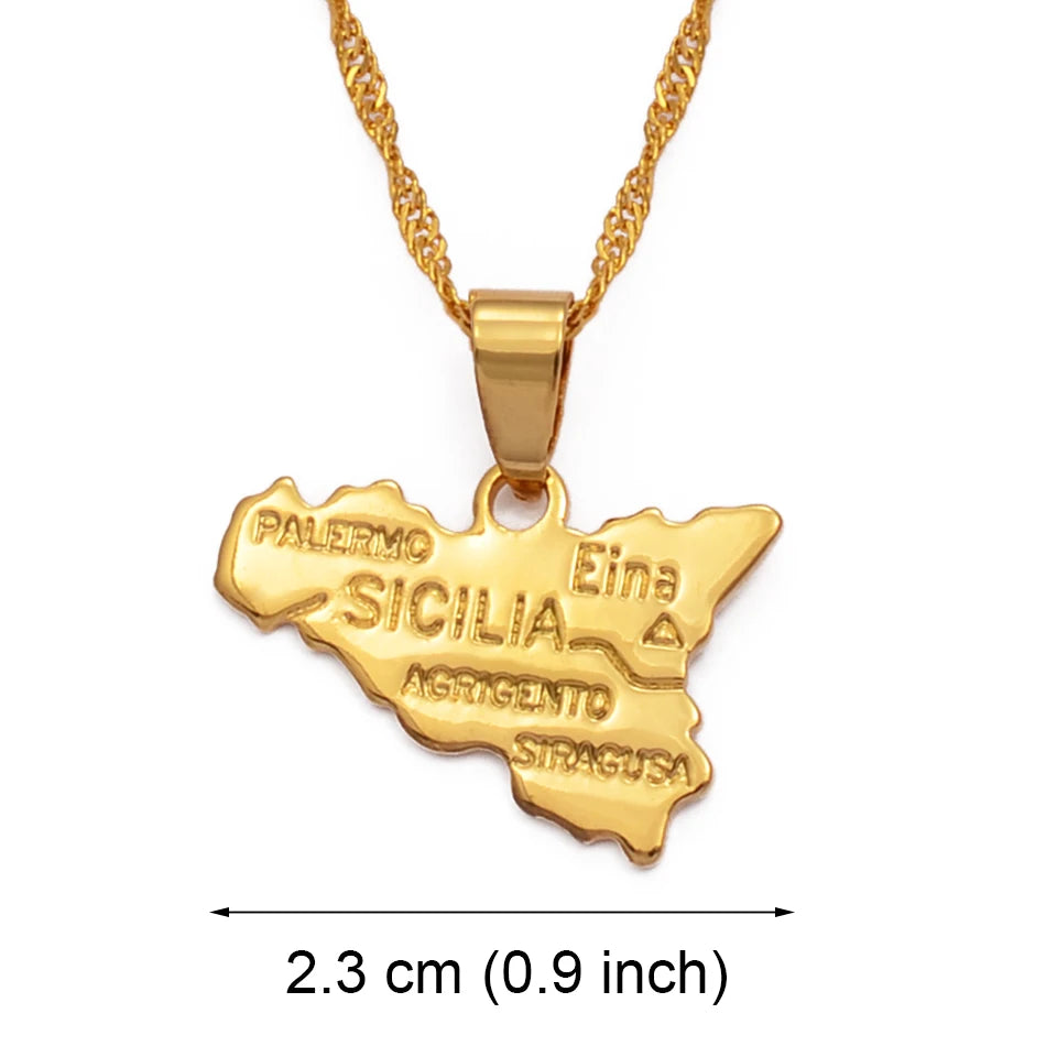 Anniyo Map of Sicilia Necklace Pendants 45cm 60cm Chain for Women Gold Color Jewelry Sicily