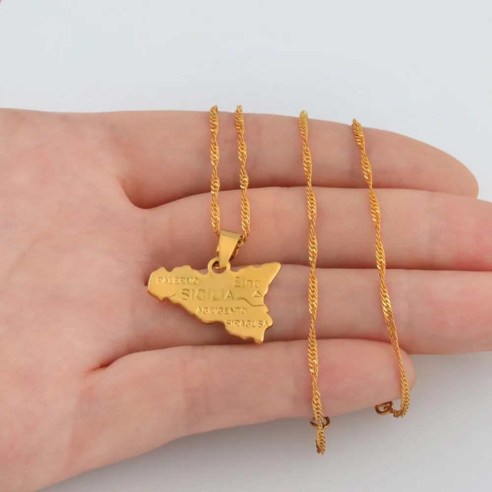 Anniyo Map of Sicilia Necklace Pendants 45cm 60cm Chain for Women Gold Color Jewelry Sicily