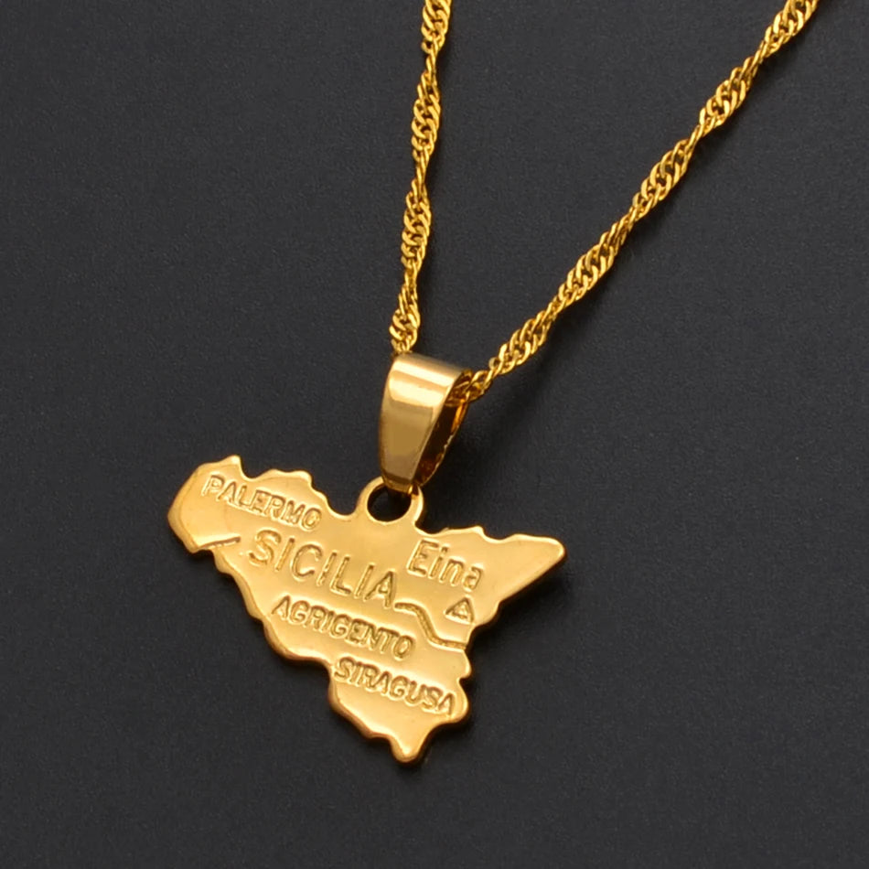 Anniyo Map of Sicilia Necklace Pendants 45cm 60cm Chain for Women Gold Color Jewelry Sicily