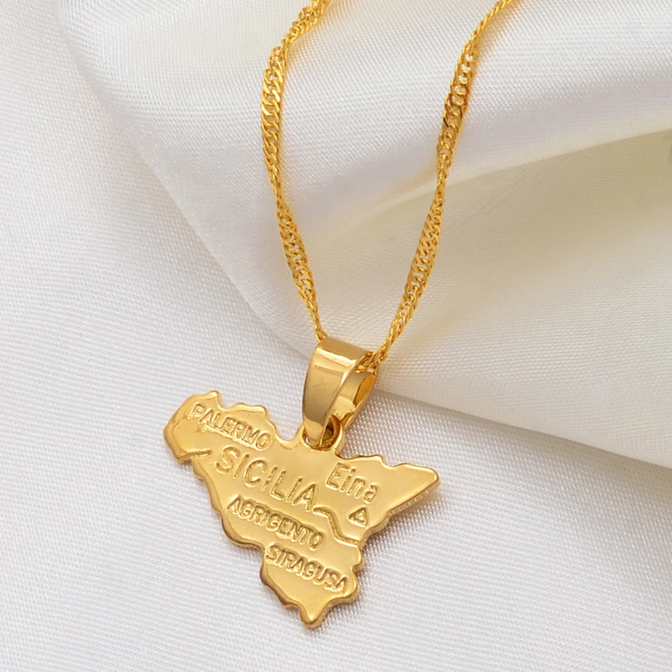 Anniyo Map of Sicilia Necklace Pendants 45cm 60cm Chain for Women Gold Color Jewelry Sicily