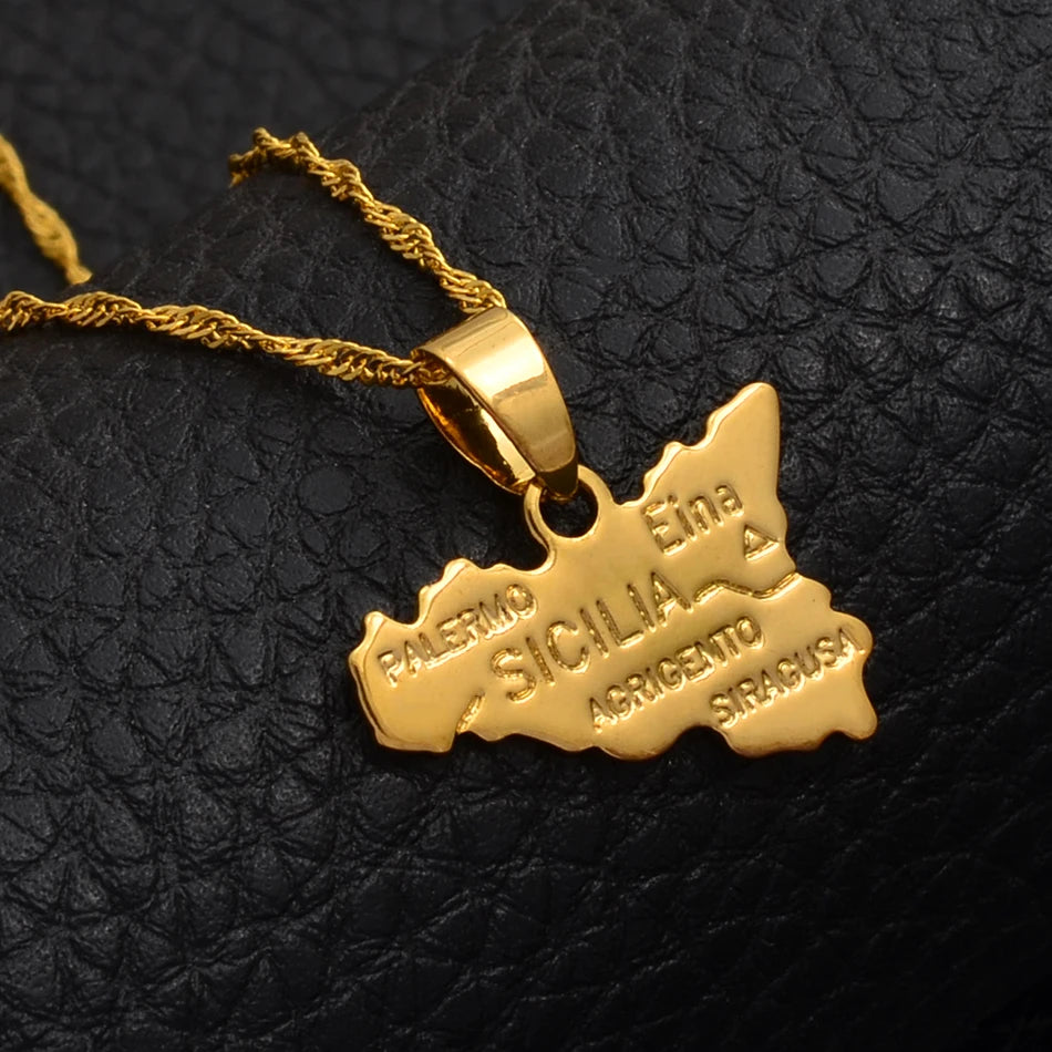 Anniyo Map of Sicilia Necklace Pendants 45cm 60cm Chain for Women Gold Color Jewelry Sicily