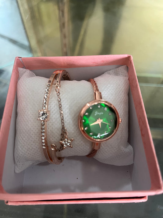 ROSE GOLD & GREEN WATCH & BRACELET SET
