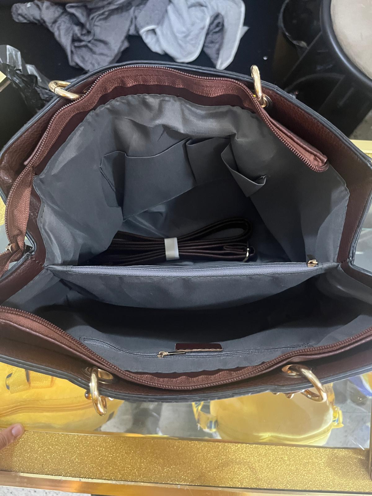 BIG FAUX LEATHER HANDBAG-BROWN