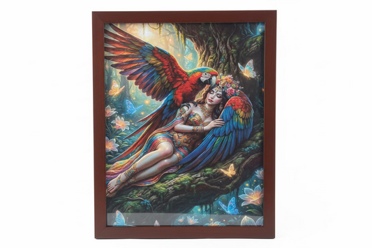 FANTASY FAIRY WITH PARROT & BUTTERFLIES 8X10” FRAMED ART POSTER