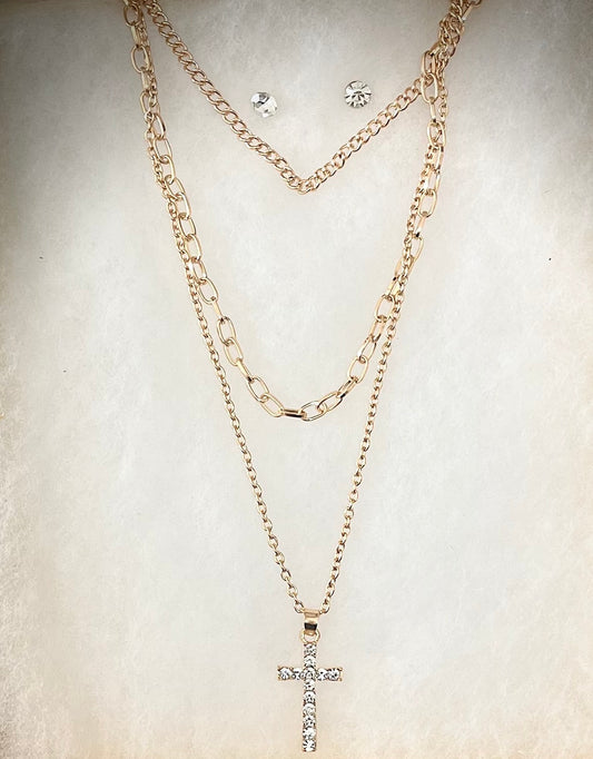 CROSS NECKLACE & EARRINGS SET GOLD