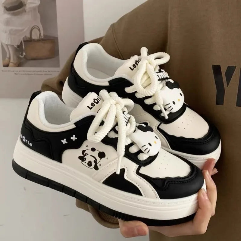 Sanrio Hello Kitty Panda Black White Kawaii Girl Bread Shoes Preppy Style Lolita Platform Sneakers Y2k Student Skateboard Shoes