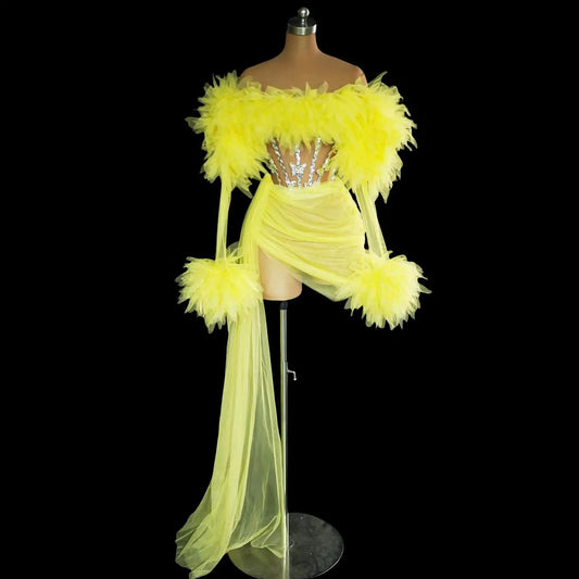 Sheer Sequins 2-Pieces Short Dress Gloves Long Tail Evening Celebrate