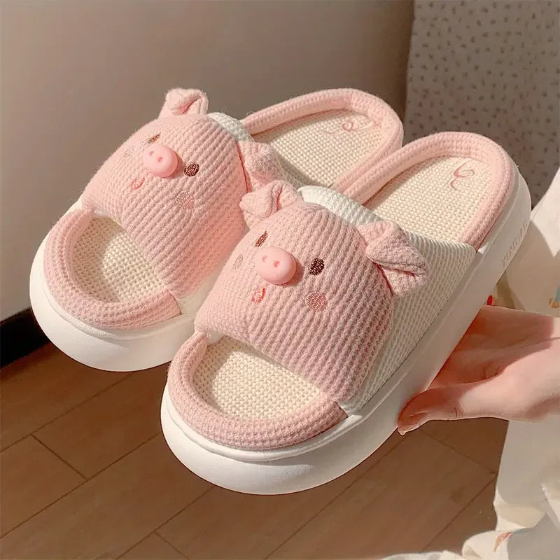 Slippers for Women Linen Cotton Home Shoes Thick Soft Sole Lovely Pig Non-slip for Outdoor for Four Seasons Korean Style Slipper