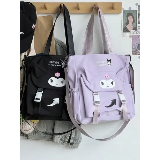 Sanrio Cartoon Cute Kuromi Shoulder Crossbody Tote Bag High School and College Student Canvas Bag for Class TuitionBag waterprof