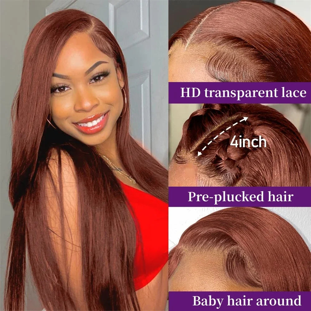 13x4 Reddish Brown Lace Front Wig Human Hair Bleached Brazilian Straight Colored Human Hair Wigs HD Lace Frontal Wig Pre Plucked