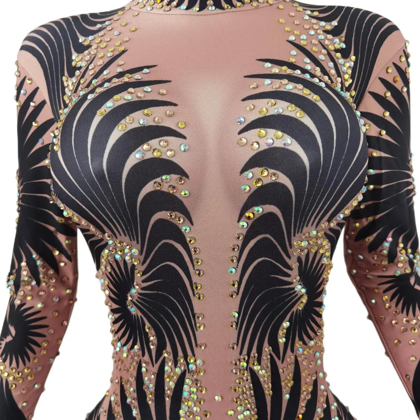 Sparkly Stone Feather Print Jumpsuit Women Sexy Party Bodysuit  Pole Dancer Performance Costume