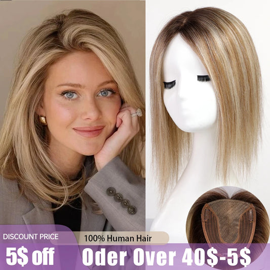 Blonde Gray Brown Remy Human Hair Toppers for Women 100% Remy Human Hairpieces Silk Base Clips in Hair Straight 12inches Toppers