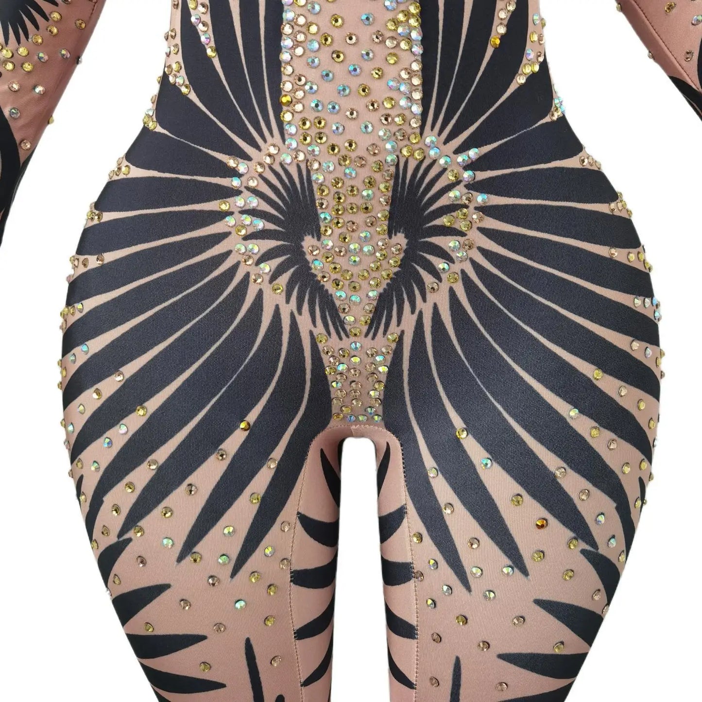 Sparkly Stone Feather Print Jumpsuit Women Sexy Party Bodysuit  Pole Dancer Performance Costume
