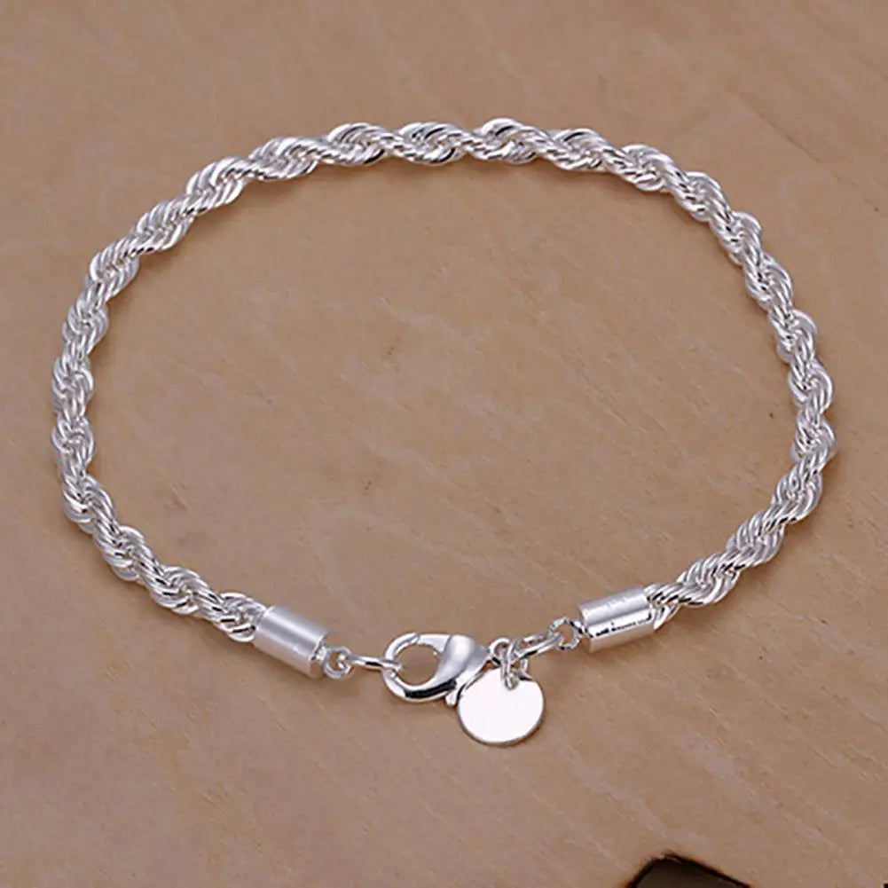 Women Bracelet Elegant Wristband  Silver Plated Twisted Chain Bracelet Bangle Jewelry Accessories for Party 4MM