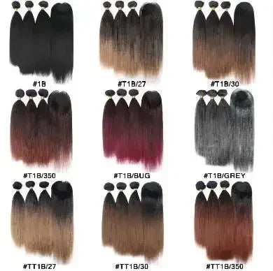 Synthetic Hair Extension Kinky Straight Bundles Grey Hair Weaving With Closure For Black Women 14 Inch 3Pieces/lot