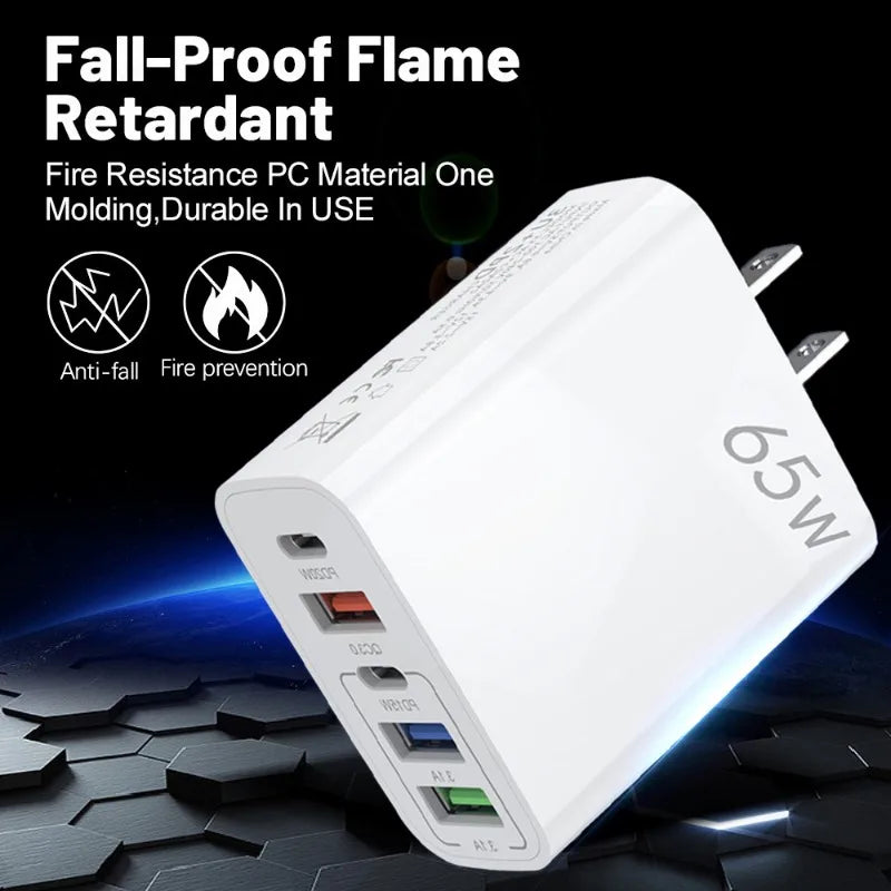 65W 5Ports GaN USB Charger PD TypeC Fast Charging Wall Charger US/EU/UK Plugs for IPhone Xiaomi Samsung Oppo Quick Phone Charger