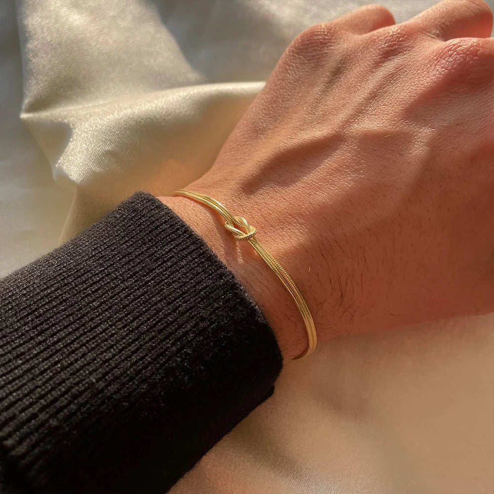 eManco Delicate Round Snake Chain Knotted Couple Friendship Bracelet Stainless Steel Gold-Plated Fashion Jewelry Wholesale