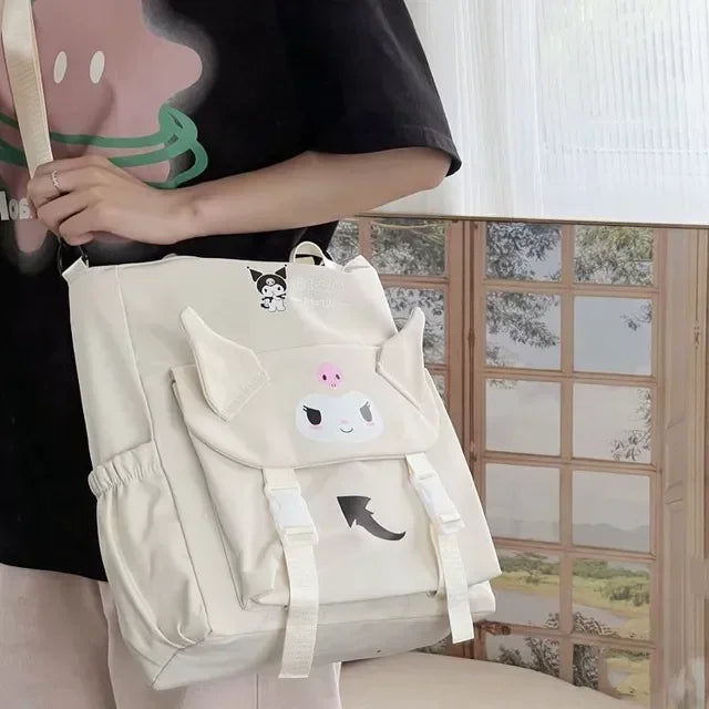 Sanrio Cartoon Cute Kuromi Shoulder Crossbody Tote Bag High School and College Student Canvas Bag for Class TuitionBag waterprof