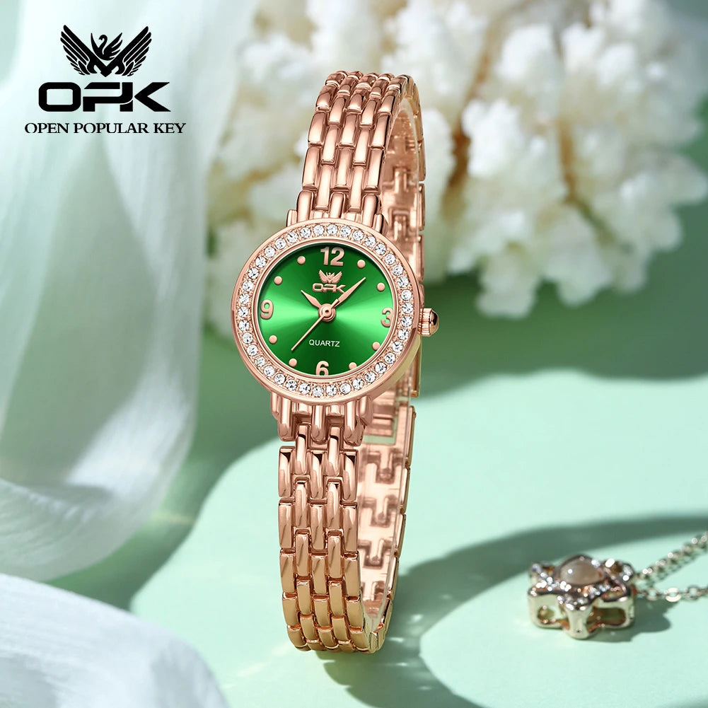 OPK brand waterproof three-pin diamond-encrusted steel belt ladies quartz watch 6009