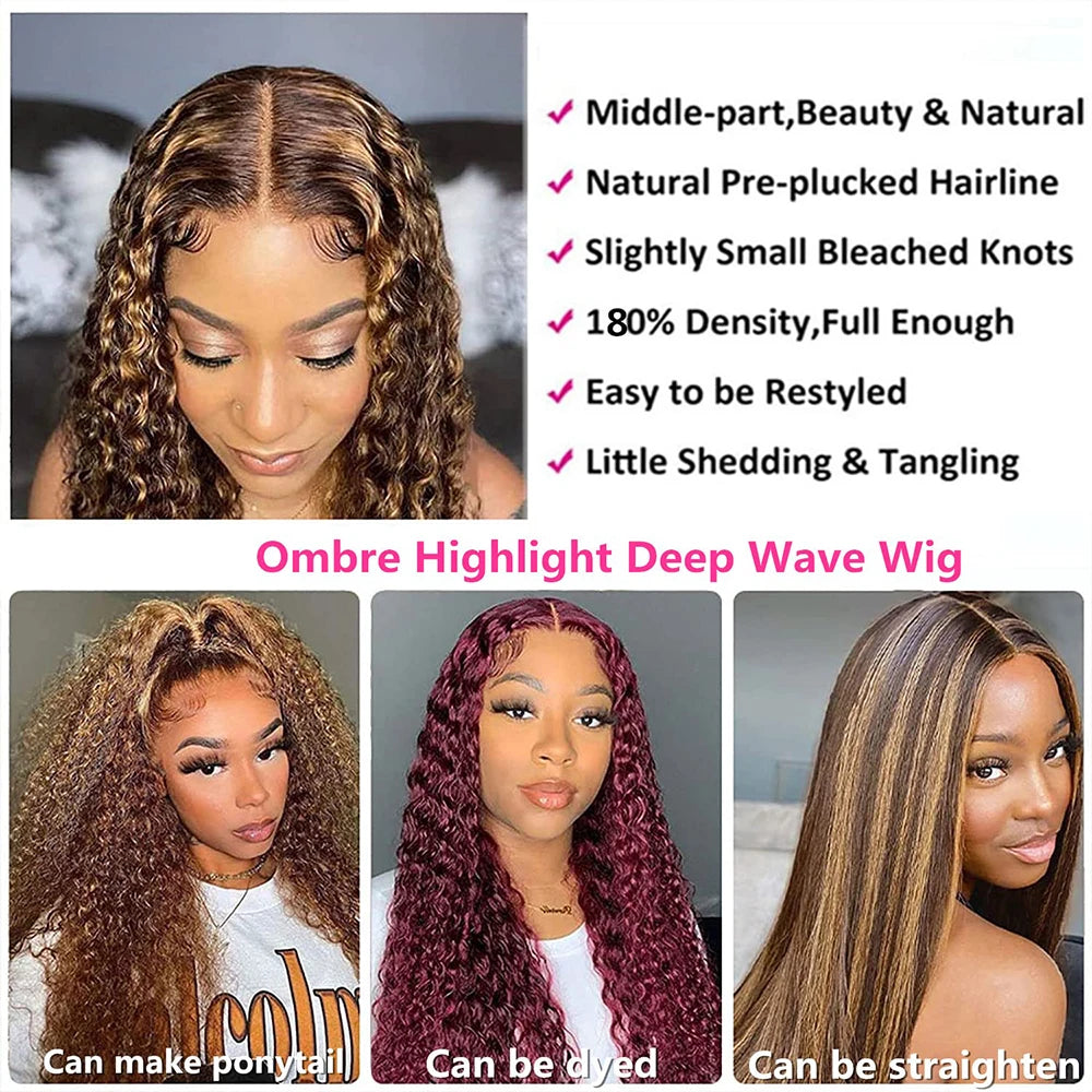 30 Inch Deep Wave Wigs Human Hair 4/27 Highlight Ombre Curly Human Hair Wigs 13x5 14x4  Lace Frontal Wig