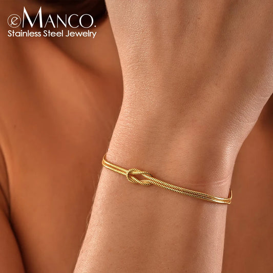 eManco Delicate Round Snake Chain Knotted Couple Friendship Bracelet Stainless Steel Gold-Plated Fashion Jewelry Wholesale