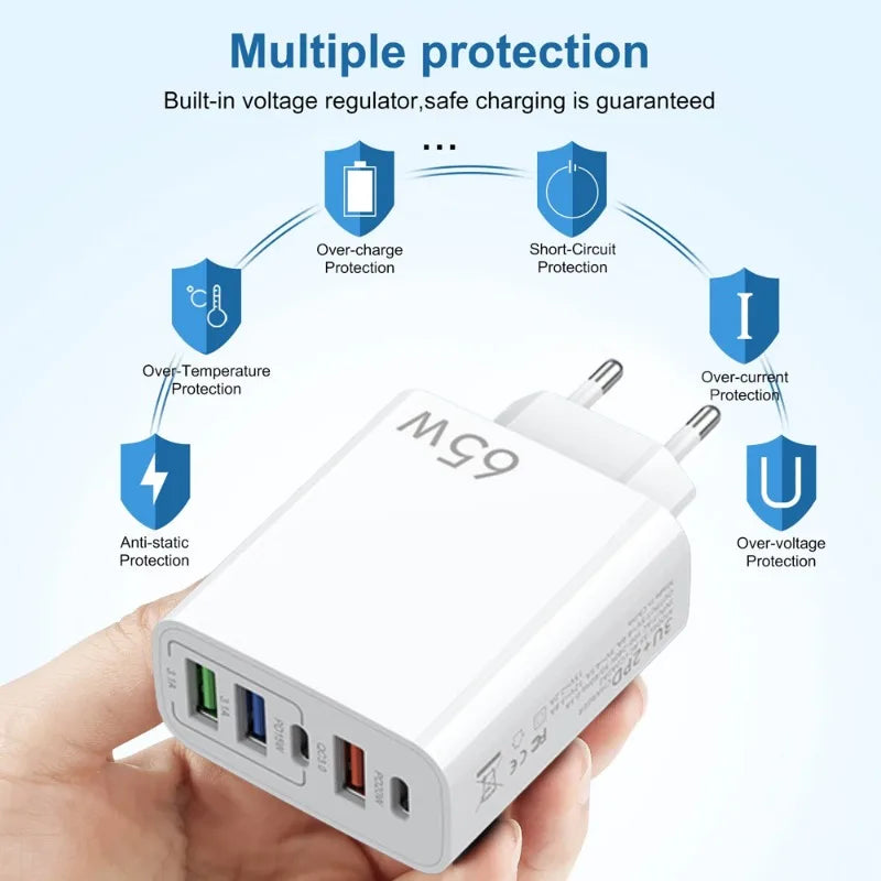 65W 5Ports GaN USB Charger PD TypeC Fast Charging Wall Charger US/EU/UK Plugs for IPhone Xiaomi Samsung Oppo Quick Phone Charger