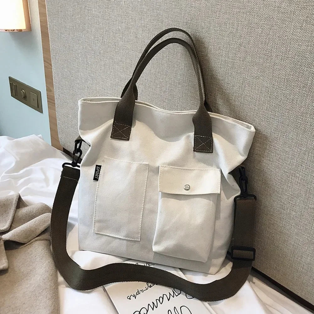 Fashion Canvas Bags students Handbag Shoulder Bag Large Capacity Solid Color Totes Shopper Bag Casual Female Cross Body Bag 2024