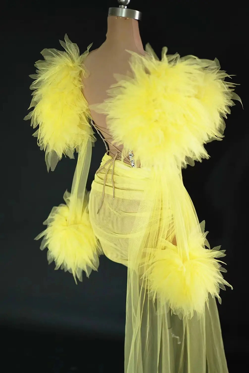 Sheer Sequins 2-Pieces Short Dress Gloves Long Tail Evening Celebrate
